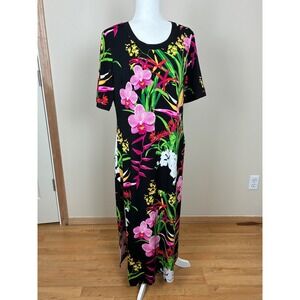 G.I.L.I. Women Black Tropical Orchid Floral Print Maxi Dress Short Sleeve Large